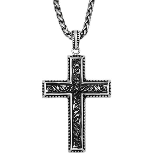 925 Silver Plated Cross for Men 24 Inches Wheat Chain Lobster Claw Trendy